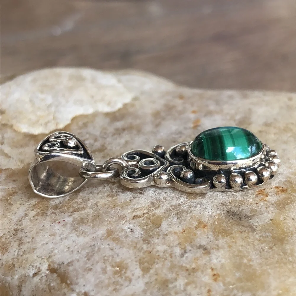 Malachite Sterling Silver Pendant 18” Necklace